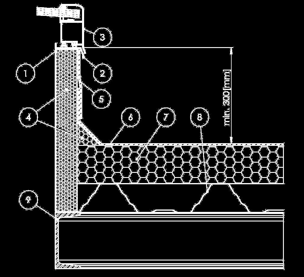 Dźwigar dachowy - konstrukcja dachu. 10. Konstrukcja wsporcza. 1. Podstawa klapy dymowej z blachy stalowej ocynkowanej. 2. Rynna klapy dymowej. 3.