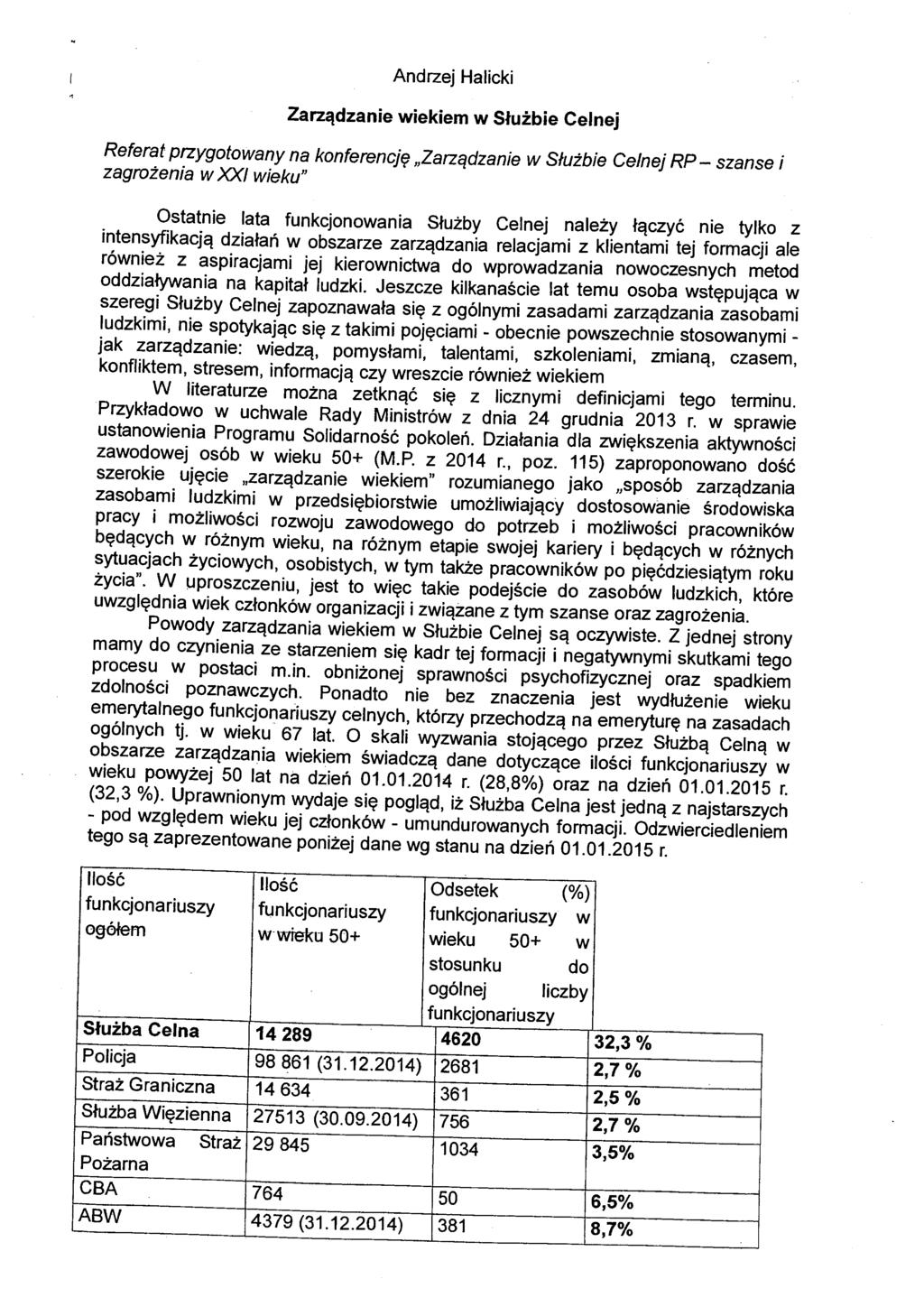 Andrzej Halicki Zarządzanie wiekiem w Służbie Celnej Referat przygotowany na konferencję "Zarządzanie w Służbie Celnej RP- szanse i zagrożenia w XXI wieku" Ostatnie lata funkcjonowania Służby Celnej