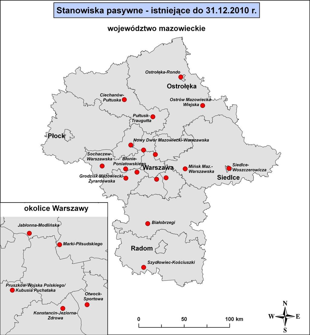 Mapa nr 2.1.3. Lokalizacja stanowisk pasywnych istniejących do 31.12.2010r. w województwie mazowieckim W załączniku nr 1 Podsystem monitoringu jakości powietrza we wzorze tabeli 2.1.1. Wykaz stanowisk działających w wojewódzkim systemie oceny jakości powietrza w latach 2010-2012 i stanowisk uzupełniających wprowadzono zmiany w nagłówku kolumn 10, 11 oraz 15.