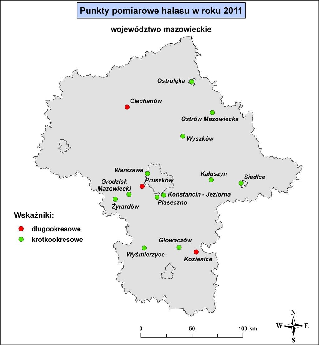 Mapa 2.3.2. Lokalizacja planowanych punktów pomiarowych hałasu w 2011 r. W załączniku nr 4 dla podsystemu monitoringu hałasu w spisie tabel (str.