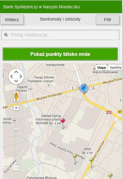 5. Geolokalizacja placówek, bankomatów, wpłatomatów Dzięki wbudowanemu odbiornikowi GPS w Twoim smartfonie, tablecie Interfejs Mobilny Internet Bankingu pozwala w kilka chwil znaleźć na mapie