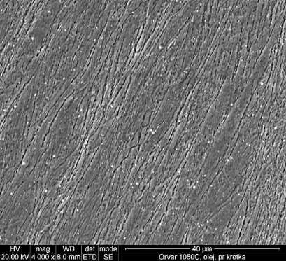 25 mm, zaobserwowano silnie odkształcone plastycznie ziarna byłego austenitu, które uformowały się podczas procesu wgłębiania przy temperaturze 1050 C i uległy zamrożeniu wskutek chłodzenia próbki w