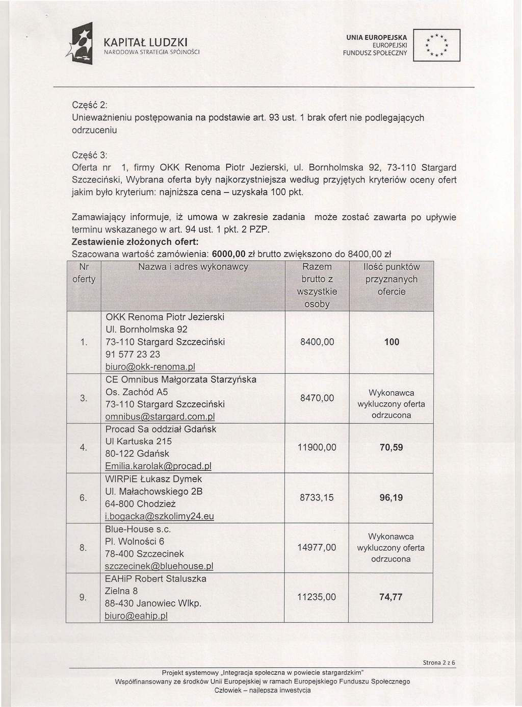 * Część 2: Unieważnieniu postępowania na podstawie art. 93 ust. 1 brak ofert nie podlegających odrzuceniu Część 3: Oferta nr 1, firmy, ul.