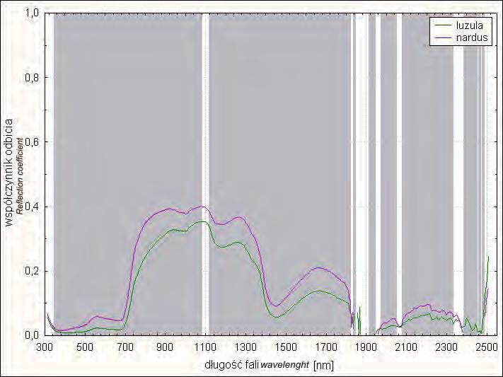 19: Histogram of statistically significant differences between reflectance mean values of 5 analysed species, calculated with t Student statistical test (green line represents spectral reflectance