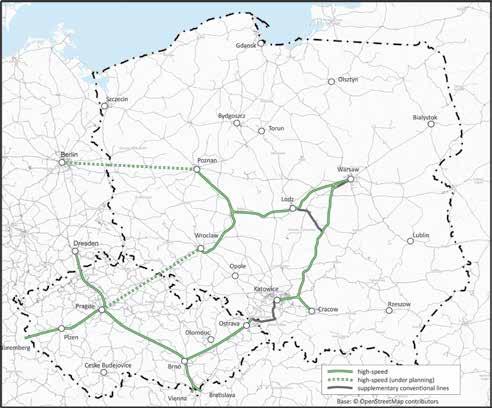 Rys. 8. Powiązania sieci dużych prędkości w Polsce i w Republice Czeskiej w ramach sieci TEN-T (oprac. T. Bużałek) Tab. 3. Planowane linie dużej prędkości w państwach UE (stan na marzec 2015 r.