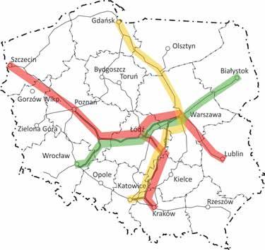 Rys. 2. Układ korytarzy dla szybkich przewozów pasażerskich w oparciu o proponowane linie dużych prędkości (oprac. T.