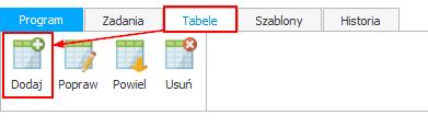 9.1.1 Tworzenie tabel Aby utworzyć zestawienie należy w zakładce Tabele wybrać opcję Dodaj. Jest to krok, od którego powinno się zacząć tworzenia całego zadania.