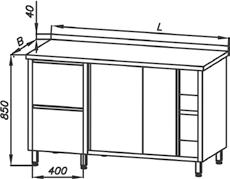roboczy z szafką (szafka po stronie prawej), drzwi uchylne i blokiem 2-ch szuflad w szafce znajduje się półka 1500 2919 3137 1600 3038 3262 1700 3157 3388 1800 3275 3513 E 1200 Stół roboczy z szafką