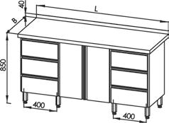 szafką, drzwi suwane i 2-ma blokami 3-ch szuflad w szafce znajduje się półka E 1230 Stół roboczy z 2-ma szafkami i blokiem 2-ch szuflad w szafkach znajdują