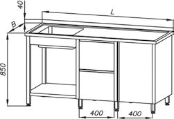 2000 2213 2347 1900 2480 2600 2000 2540 2665 E 2160 Stół ze zlewem 1-kom.(), blokiem 2-ch szuflad i szafką E 2160 P Stół ze zlewem 1-kom.