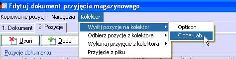 Następnie taką PZ eksportujemy do kolektora z menu Kolektor : W tym samym czasie na kolektorze uruchamiamy opcję Narzędzia --> Wgrywanie Lookup.