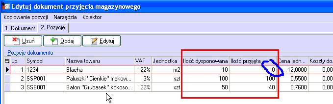 Jak widzimy kolumna ilość przyjęta jest przenoszona z kolektora.