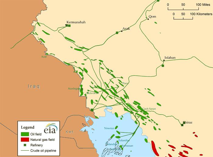 Turkmenistanem. Iran dzieli także złoża ropy z Irakiem, Katarem, Kuwejtem i Arabią Saudyjską.