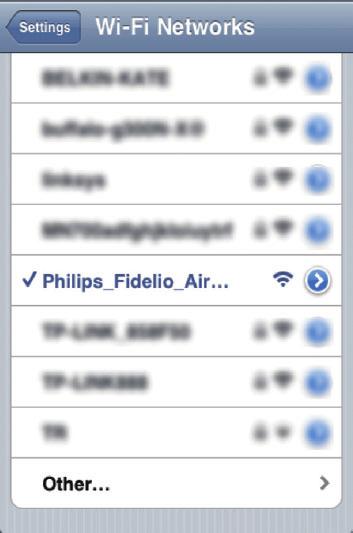 Wskazówka W przypadku braku sieci Philips Fidelio AirPlay na liście spróbuj ponowić skanowanie dostępnych sieci Wi-Fi.