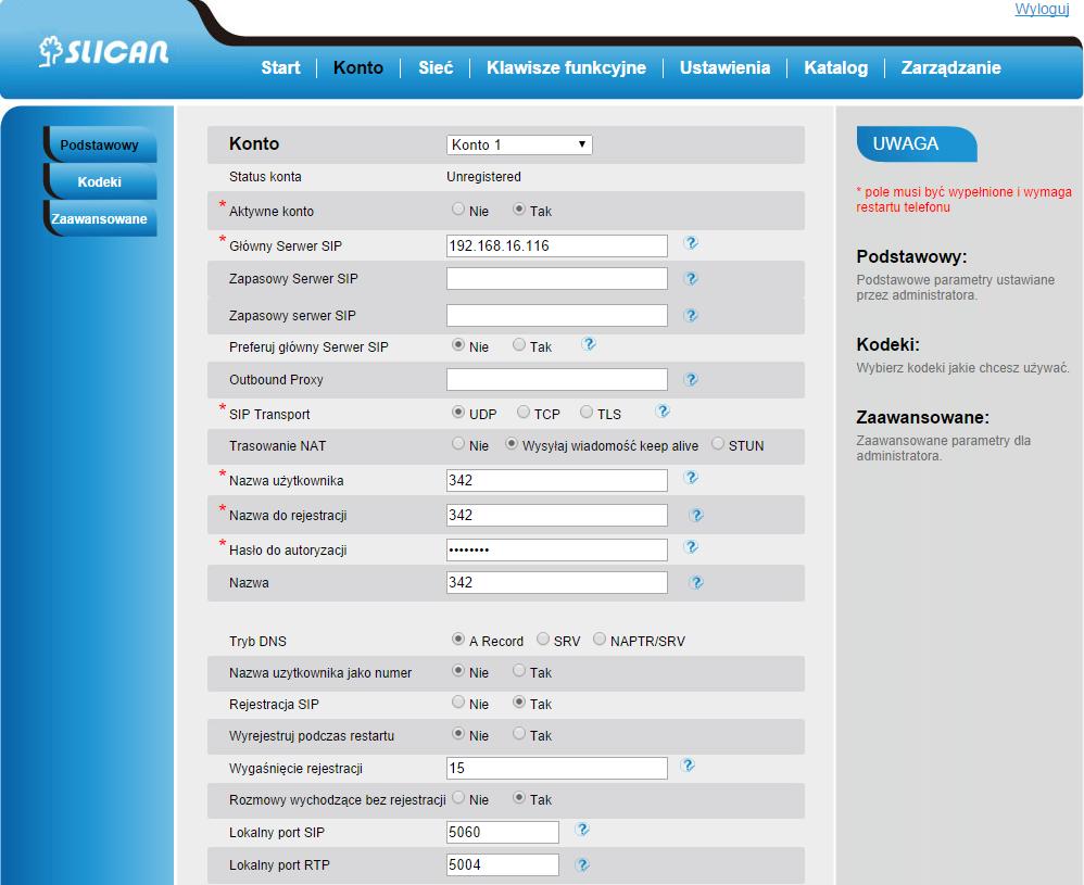 32 5.1. Konfiguracja podstawowa kont VoIP Podstawowa konfiguracja konta VoIP wymaga znajomości danych do logowania tj: adresu serwera SIP, nazwy użytkownika usługi, hasła użytkownika usługi.