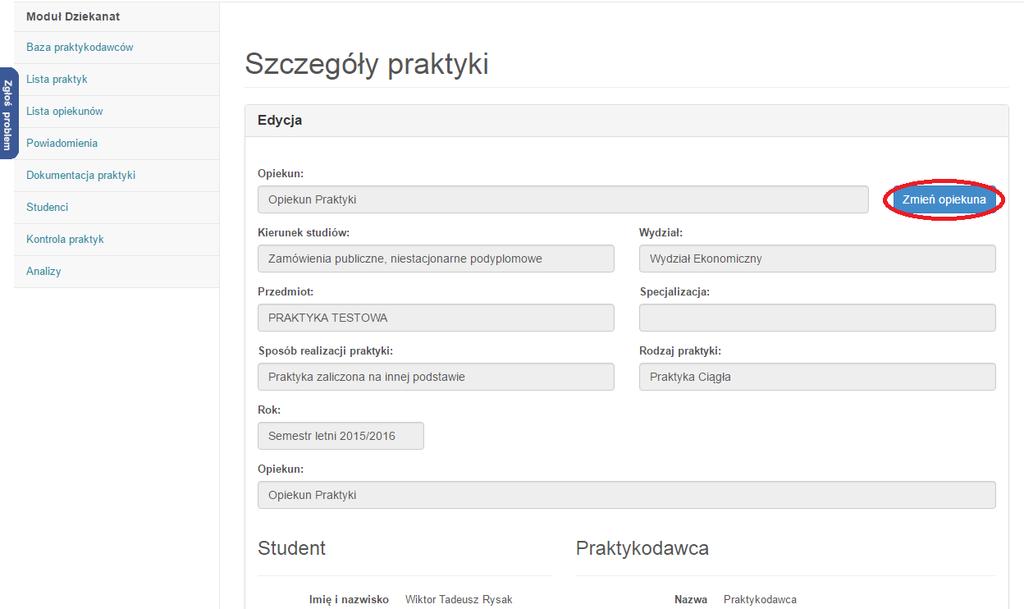 2. W szczegółach praktyki kliknąć ikonę "Zmień opiekuna": 3.