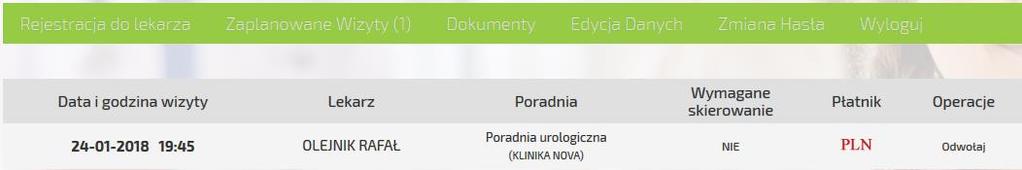 Klikając na godzinę rejestracji, na którą chcemy dokonać rezerwacji terminu, pojawia się okno jak na zrzucie ekranu poniżej: Klikając w tym oknie przycisk,system przeniesie nas do okna logowania jak