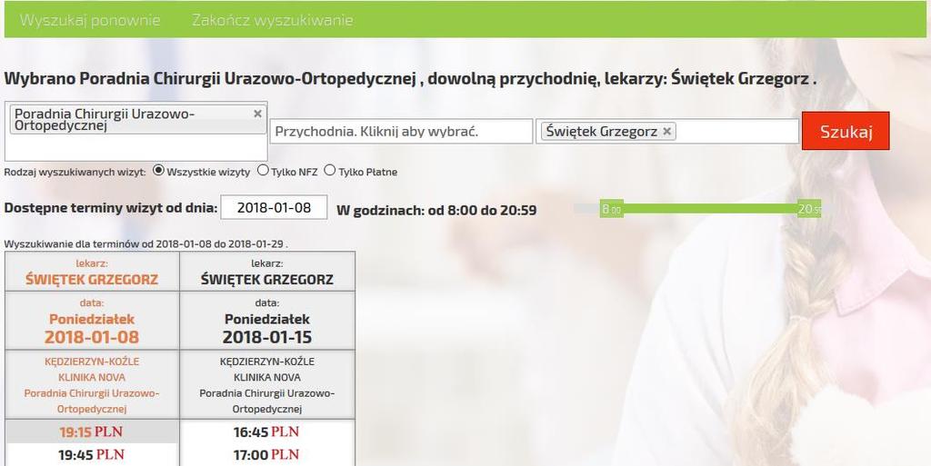 Mając wybraną poradnię oraz lekarza klikamy na przycisk co da efekt w postaci listy wizyt wraz z terminami jak na zdjęciu poniżej.