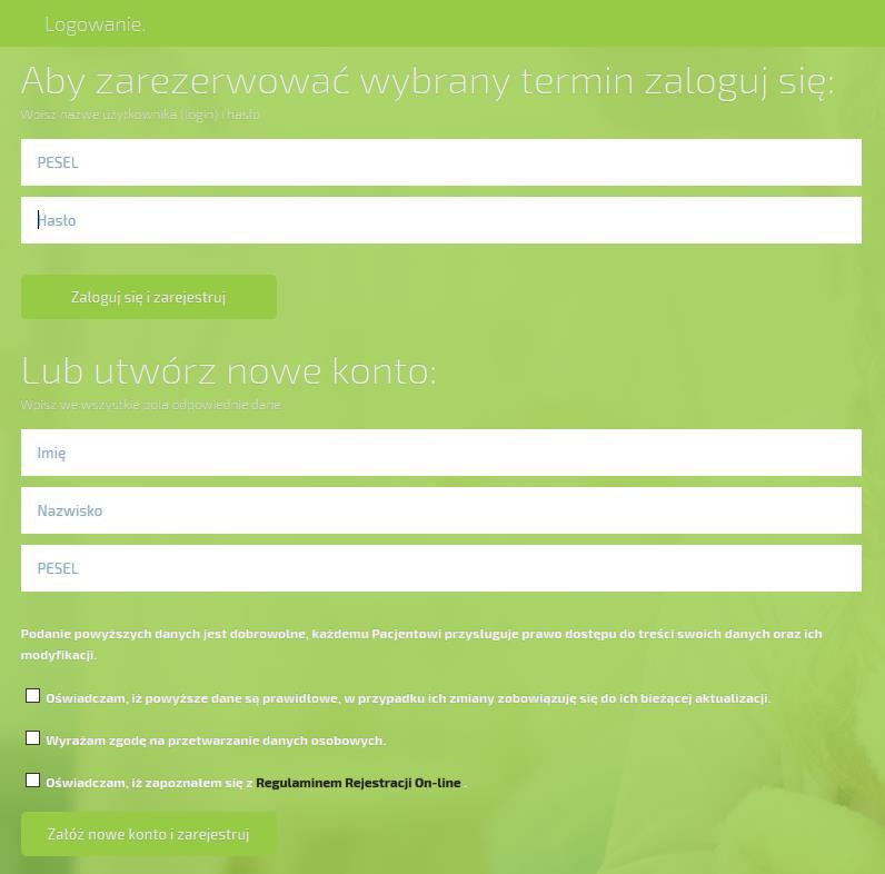 W tym oknie mamy do wyboru zalogowanie jeśli użytkownik posiada już konto, podając PESEL i hasło. Lub utworzenie nowego konta i wypełnienie formularza rejestracyjnego.