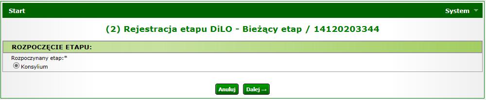 W kolejnym oknie system automatycznie zaznacza do rozpoczęcia etap, wskazany podczas operacji zakończenia poprzedniego etapu (w przykładzie został podany etap: Konsylium).