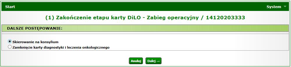 Rysunek 1-16Przykładowa lista kart diagnostyki i leczenia onkologicznego Na Liście kart diagnostyki i leczenia onkologicznego karta, dla której został wprowadzony etap Zabieg operacyjny otrzyma