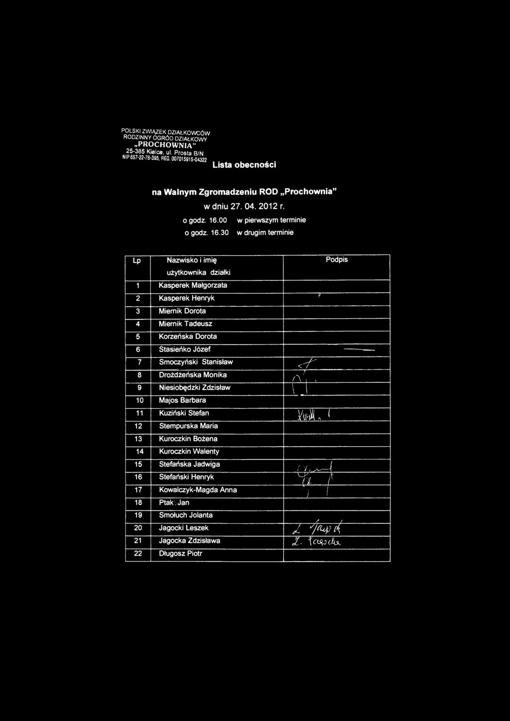 POLSKI ZWIĄZEK DZIAŁKOWCÓW RODZINNY OGRÓD DZIAŁKOWY PROCHOWNIA" 25-385 Kielce, ul. Prosta B/N NIP 657-22-78-395, REG. 007015915-04322 Lista obecności na Walnym Zgromadzeniu ROD Prochownia" w dniu 27.