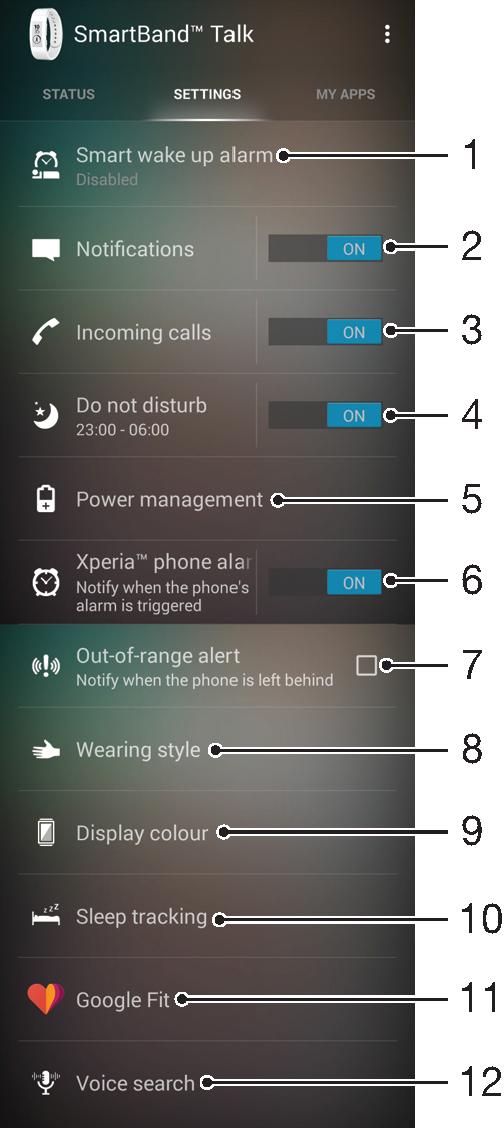 Ustawienia urządzenia SmartBand Talk Korzystanie z aplikacji Aplikacja SmartBand Talk W aplikacji Aplikacja SmartBand Talk na urządzeniu z systemem Android możesz wyświetlać i zmieniać ustawienia