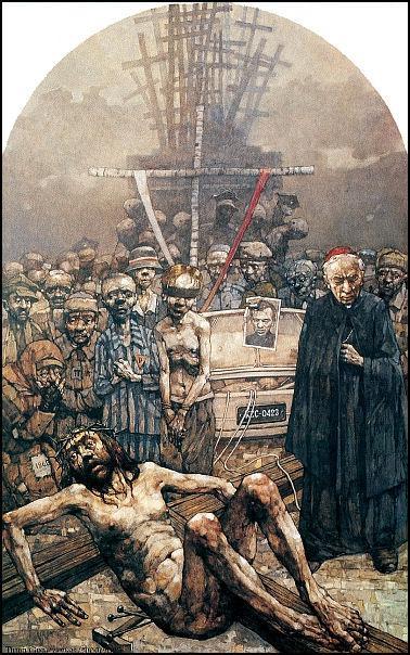 Zad. 10 (0-3) Autor obrazu Jerzy Duda Gracz stwierdza w komentarzu do swego dzieła: Chrystus sam kładzie się na krzyżu, "przygwożdżony" do niego ludzkim bólem, męczeństwem ofiar, co cierpiały i