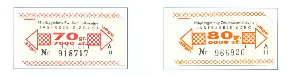 Znane serie:a1, A2, A3 itd. do A50; B1, B2 itd. do B10; C1, C2 itd. do C10; D1, D2 itd. do D10; E1, E2 itd. do E10; F1, F2 itd. do F10; G1, G2 itd. do G10. Bilety w cenie 80 gr/8000 stare zł.