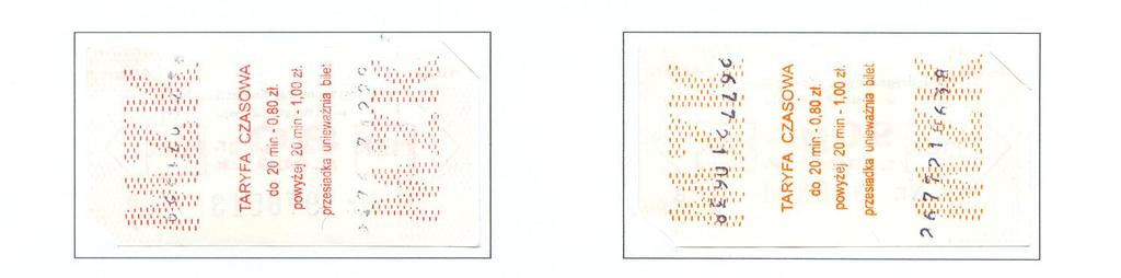 Za przejazdy do 20 minut. Za przejazdy powyżej 20 minut. Bilet w cenie 90 gr/9.000 zł., papier biały ze znakiem wodnym, przeciętne wymiary 6,5 cm 3,4 cm. Znane serie:a1, A2, A3 itd.