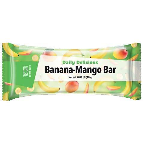 SuperFruits Bars Daily Delicious Banana-Mango Bar Kod: : 2350 Waga: 40 g Skład: daktyle, płatki kokosowe, syrop ryżowy, orzechy nerkowca, migdały, płatki bananowe, płatki