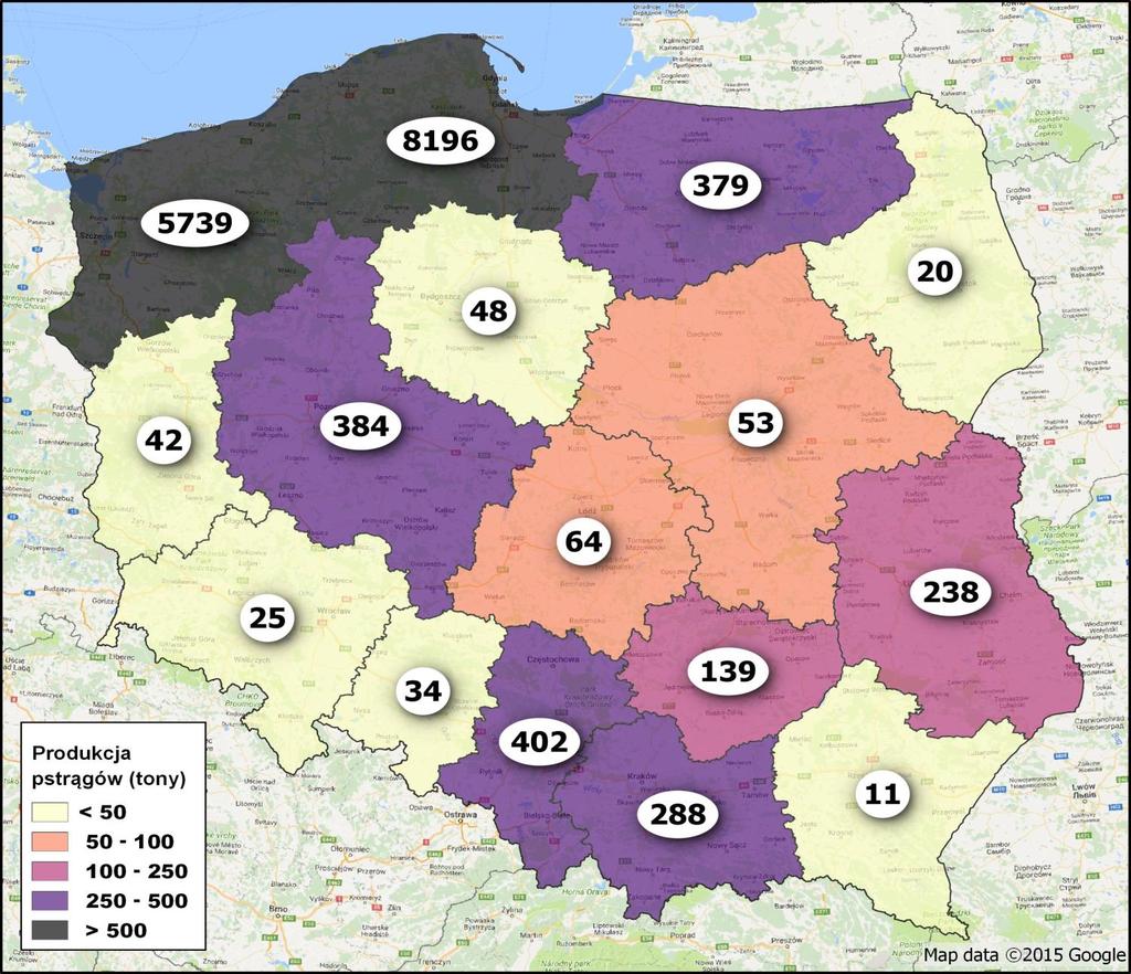 Akwakultura intensywna (pstrągi) w 2016 roku