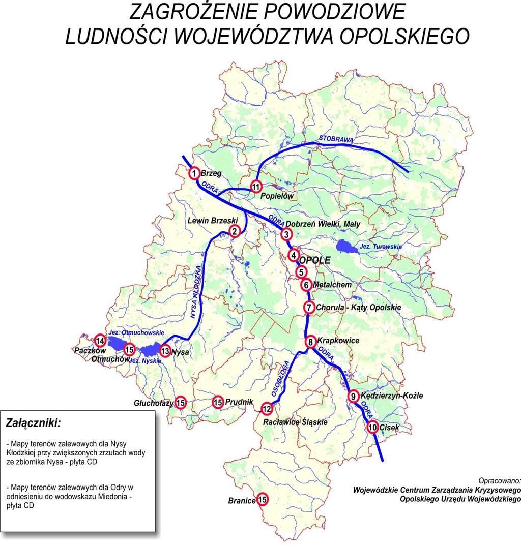 Legenda: 1 Zagrożenie w dzielnicy Brzeg Rataje 2 Zagrożenie w rejonie miasta Lewin Brzeski 3 Zagrożenie dla miejscowości: Dobrzeń Wielki, Dobrzeń Mały, Borki i Czarnowąsy Zagrożenie dla miejscowości: