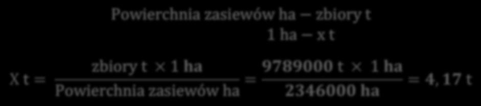 Z proporcji obliczamy wielkość plonów uzyskanych z 1ha, wyrażoną w tonach (t) X t = Powierchnia zasiewów ha zbiory t 1 ha x t zbiory t 1 hhhh Powierchnia zasiewów ha =