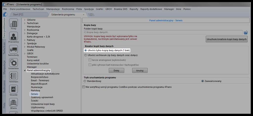 Wiadomości uzupełniające Kopia bazy danych może być wykonana tylko na komputerze, na którym zainstalowany jest serwer 4Trans.