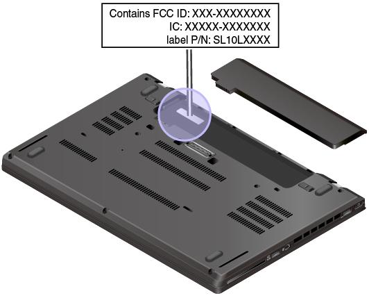 Numery certyfikatów FCC ID i IC Informacje o certyfikatach FCC i IC Certification znajdują się na etykiecie na komputerze, jak pokazano na poniższej ilustracji.