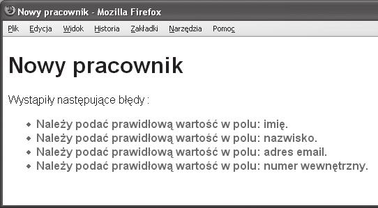 co będziemy robić? 1 Najpierw, na stronach 65 68, utworzymy stronę HTML z formularzem. W formularzu są elementy reprezentujące wszystkie dane dotyczące pracowników zapisane w bazie danych.