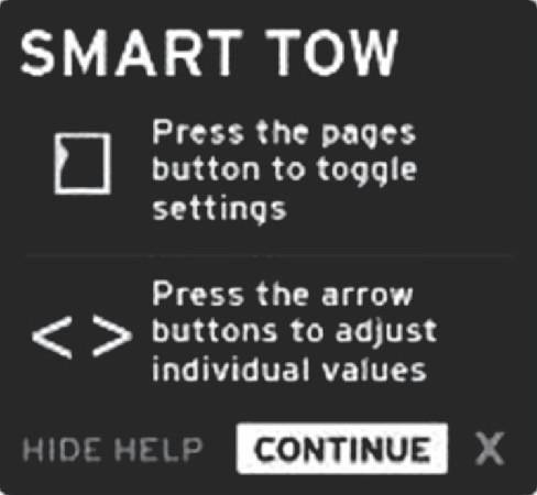 Rozdział 3 - Informacje ogólne i obsługa ekranu Panel przeglądu funkcji Smart Tow Przed pierwszym uruchomieniem funkcji Smart Tow jest wyświetlany panel przeglądu.