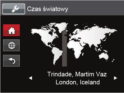 Language/Język Patrz rozdział Zerowanie języka na stronie 20. Czas światowy Ustawienie Strefa, to funkcja użyteczna podczas podróży zagranicznych.