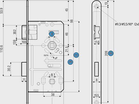 ZAMKI DO DREWNA D2 Zamek wpuszczany Rozstaw 72 mm x głębokość 55 mm Szerokość czoła 18 lub 20 mm Uniwersalne lewe / prawe A B C D E F 55 72 154 235 8 18 / 20 D2-01013 (czoło 18 mm) D2-02013 (czoło 20