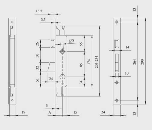 IS 781 1B IS 781 2B Zamek wpuszczany jednopunktowy do aluminium 85 mm na wkładkę Czoło zamka: 24 x 3 mm Stal nierdzewna