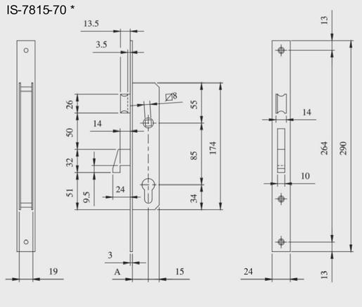 IS 7815 IS 7814 Zamek wpuszczany jednopunktowy do aluminium 85 mm na wkładkę Czoło zamka: 24 x 3 mm Stal nierdzewna Wkładka i