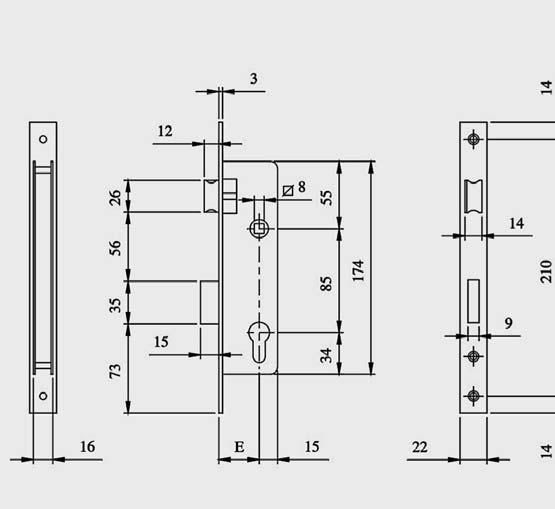 ZAMKI DO ALUMINIUM KLAMKI IS 741 IS 743 Zamek wpuszczany jednopunktowy do aluminium 85 mm na wkładkę Czoło zamka: 22 x 3 mm Chromowane Wkładka i blacha