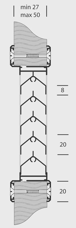 KRATKI WENTYLACYJNE KLAMKI GV G31 Kratka wentylacyjna do drzwi, wykonana z aluminium Zbudowana z daszkowych profili, w ramie o szerokości 20 mm Bez prześwitu Powierzchnia swobodnego przepływu