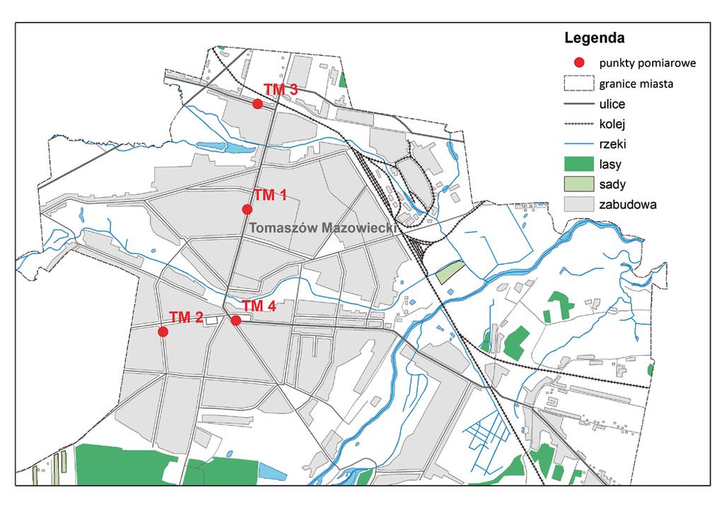 Mapa 4.1 Lokalizacja punktów pomiaru hałasu w Tomaszowie Mazowieckim W tabeli 4.