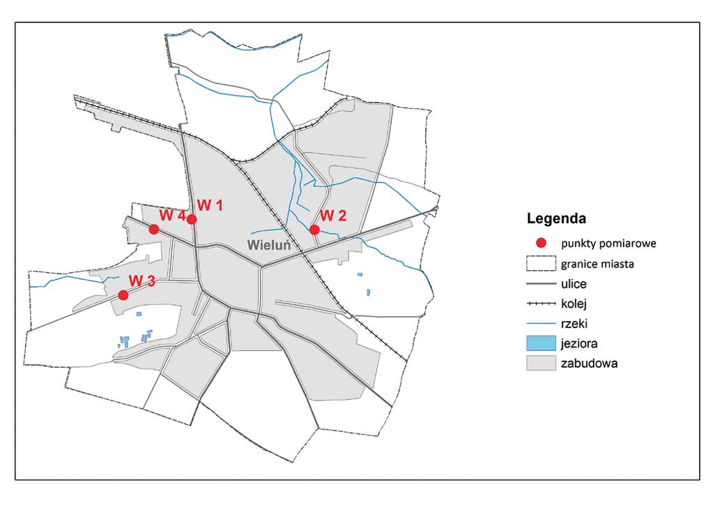 Mapa 4.3 Lokalizacja punktów pomiaru hałasu w Wieluniu Tabela 4.