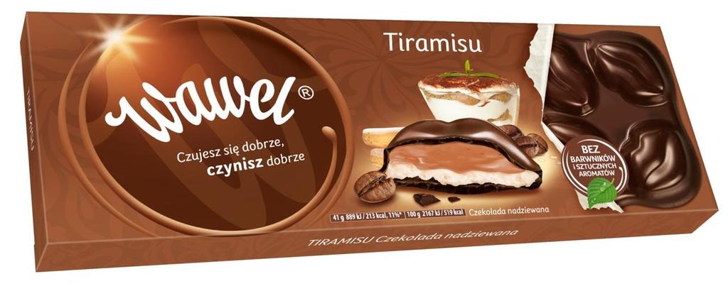 KOSZ SŁODKI WAWEL 1. Czekolada Tiramisu 290g Czekolada z nadzieniem (58%) kawowo-mlecznym o smaku tiramisu. Oprócz tłuszczu kakaowego czekolada zawiera tłuszcze roślinne.