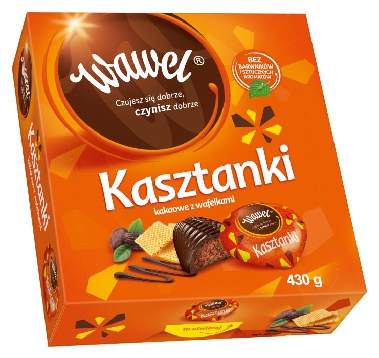 12. Bombonierka Kasztanki 430g Czekolada z nadzieniem (58,4%) kakaowym z wafelkami. Oprócz tłuszczu kakaowego zawiera tłuszcze roślinne.