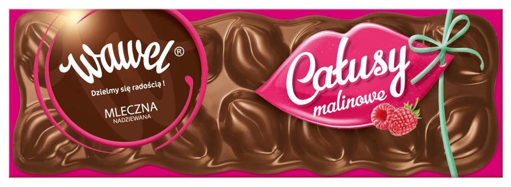 2. Czekolada Całusy Malinowe 300g Czekolada mleczna z nadzieniem (56%) malinowo-jogurtowym. Oprócz tłuszczu kakaowego czekolada mleczna zawiera tłuszcze roślinne.