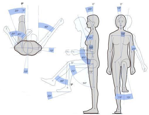 Optymalne zakresy kątowe ruchów części ciała obejmują wartości określane jako komfortowe
